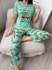 Cartoon And Letter Patterned Pajama Set