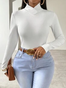 SHEIN Slayr Camiseta Envuelta Con Cuello En V De Color Sólido - Blanco - Ver 6