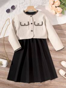 SHEIN Girls' Contrast-trim Jacket And Solid Color Dress Two-piece Set - Multicolor - View 4