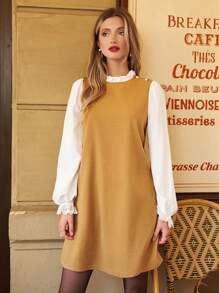 SHEIN Frenchy 荷葉邊裝飾的圓領彩塊蕾絲長袖直筒羊毛連衣裙 - 黑色 - 查看 3