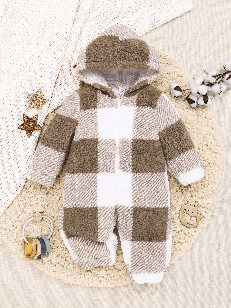 SHEIN Baby Girl Buffalo Plaid Pattern Hooded Teddy Jumpsuit - Khaki - View 1