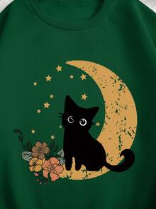 SHEIN Essnce Cat And Moon Printed Fleece Sweatshirt - Dark Green - View 3
