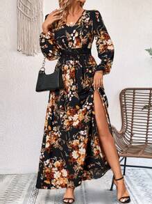 SHEIN LUNE 印花水溶蕾絲拼接燈籠袖高衩洋裝 - 黑色 - 查看 3