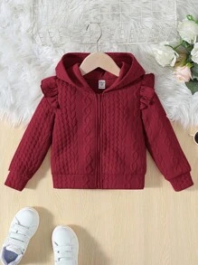 SHEIN 女小童荷葉邊拉鏈開襟連帽夾克 - 紅色 - 查看 6