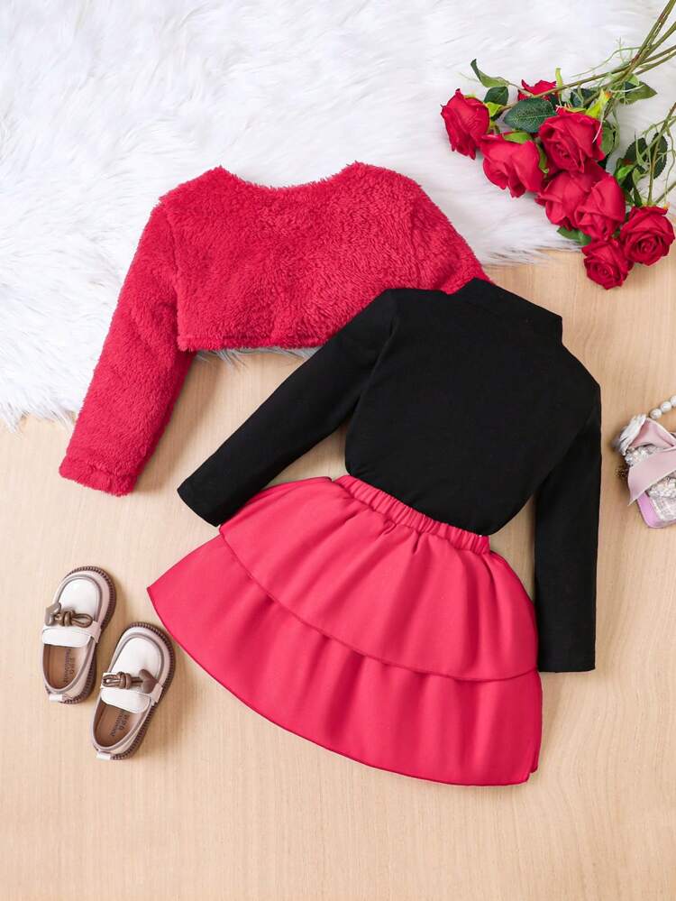 Young Girl Mock Neck Tee & Two Layer Hem Skirt & Fuzzy Jacket