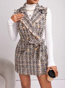 Firerie 秋冬格纹印花毛边双排扣系带背心大衣 - 彩色 - 查看 1