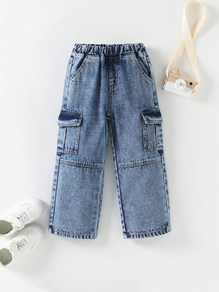 小女孩鬆身休閒丹寧裝托褲 - 中等水洗藍 - 查看 1