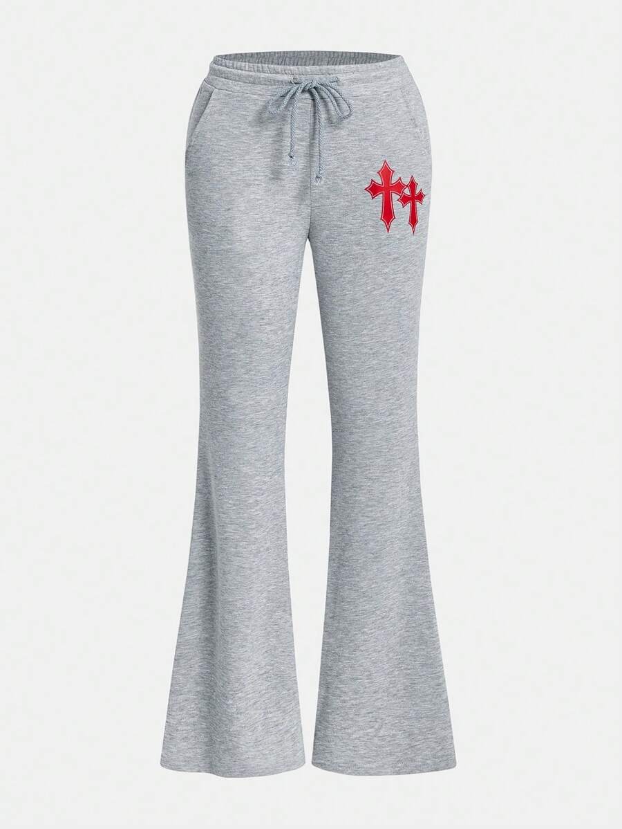 SHEIN EZwear Cross Print Drawstring Waist Flare Leg Sweatpants - Light Grey - View 1