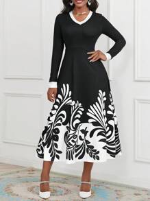 SHEIN Lady Plants Print Contrast Trim Dress - Black and White - View 4