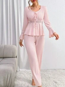 女款拼布蕾絲睡衣套裝 - 粉色 - 查看 2