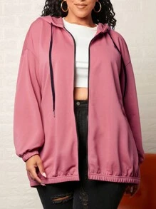 SHEIN CURVE+ 大碼標語圖案落肩袖抽繩連帽夾克 - 紅色 - 查看 1