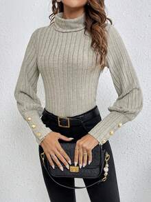 SHEIN Frenchy Áo cao cổ Sọc Áo liền quần chặt - Màu be - Xem 6