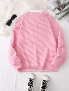 SHEIN Qutie Mẫu chữ Cổ áo tương phản Thả vai Áo nỉ - Hồng - Xem 2