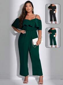 Celure Plus Size Solid Color Ruffle Hem Jumpsuit With Cinching Waist - Dark Green - View 1