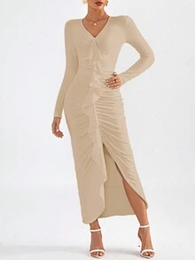 SHEIN Privé Ruffle Trim Ruched Asymmetrical Hem Bodycon Dress - Apricot - View 5