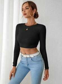 Firerie Going Out Solid Twist Backless Crop Tee - Black - View 4