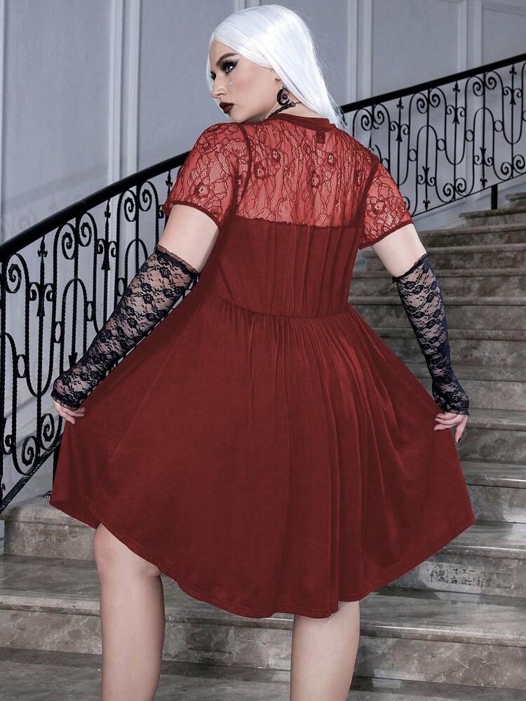 Plus Contrast Lace Dress Without Belt