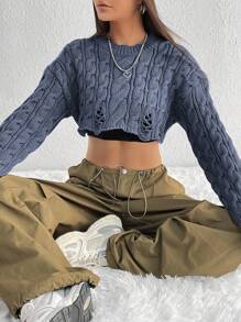 Flirla Short Textured Cable Knit & Drop Shoulder Sweater