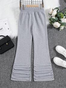 SHEIN Cô gái Tween Nút phía trước Ruched viền Chân bùng Quần thể thao - Xám - Xem 2