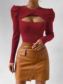 SHEIN Essnce Của phụ nữ Chân của tay áo cừu Rỗng Áo len - Màu Đỏ Sâu - Xem 5