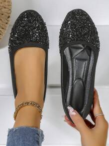 Women's Large Size Round Toe Slip-on Ballet Flats With Glitter Detail In Black - Beige - View 1