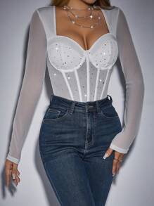 Allurite Body De Malla De Manga Larga Para Mujer Con Decoración De Diamantes De Imitación - Blanco - Ver 5