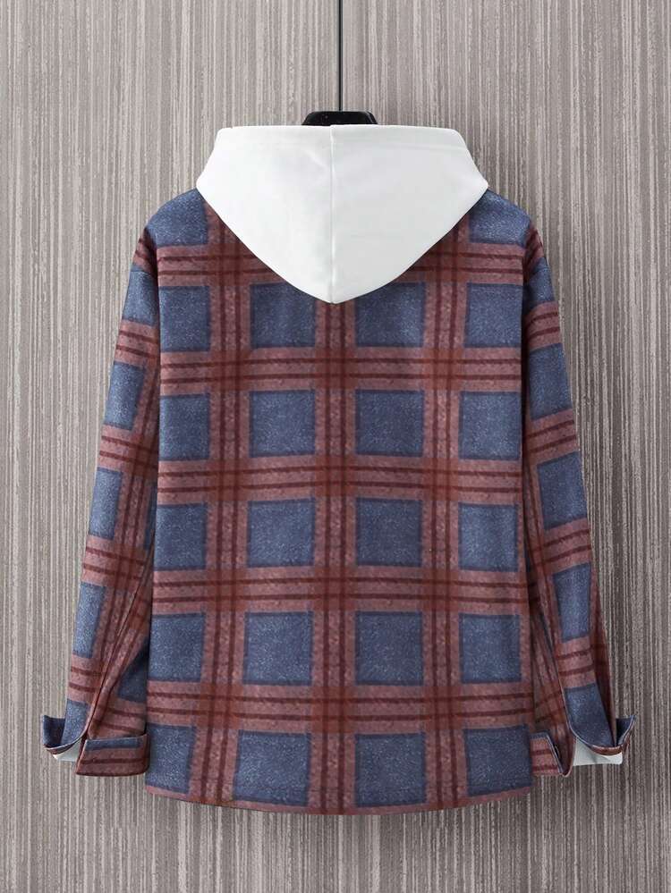 Men's Loose Fit Plaid Button Up Overcoat With Flap Pockets