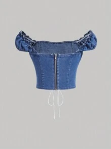 SHEIN MOD Của phụ nữ Tie Trước Áo denim - Rửa nhẹ - Xem 2