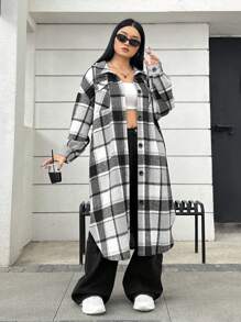 SHEIN EZwear 大尺碼女士黑白格紋編織羊毛外套 - 黑與白 - 查看 6