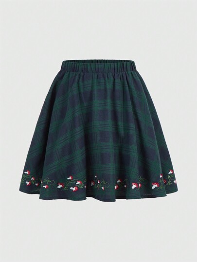 Fairycore Women's Mushroom Embroidered Plaid Skirt