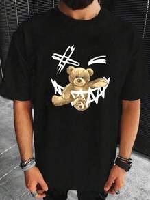 GENTILAND Loose Fit Men's Teddy Bear & Expression Printed T-Shirt - Black - View 1
