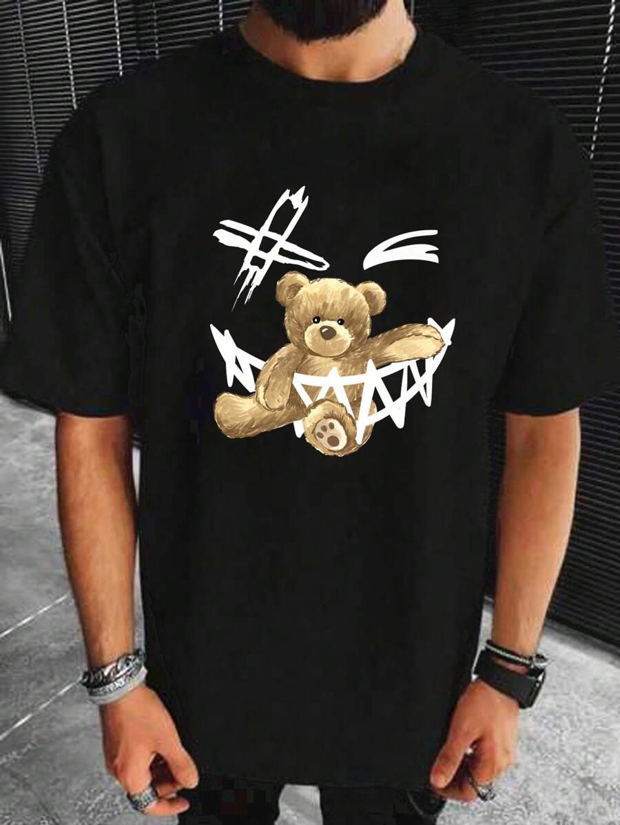 GENTILAND Loose Fit Men's Teddy Bear & Expression Printed T-Shirt - Black - View 1