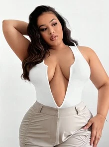 SHEIN SXY Kích thước lớn Màu thuần Cổ chữ V sâu Áo liền quần chặt - trắng - Xem 1