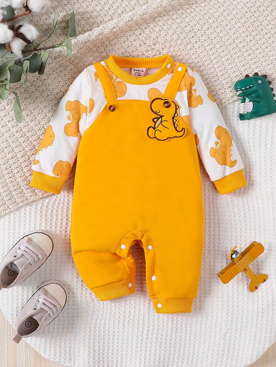 SHEIN Baby Boys' Casual Dinosaur Pattern Embroidery Color Block Long Sleeve Jumpsuit For Fall - Multicolor - View 1
