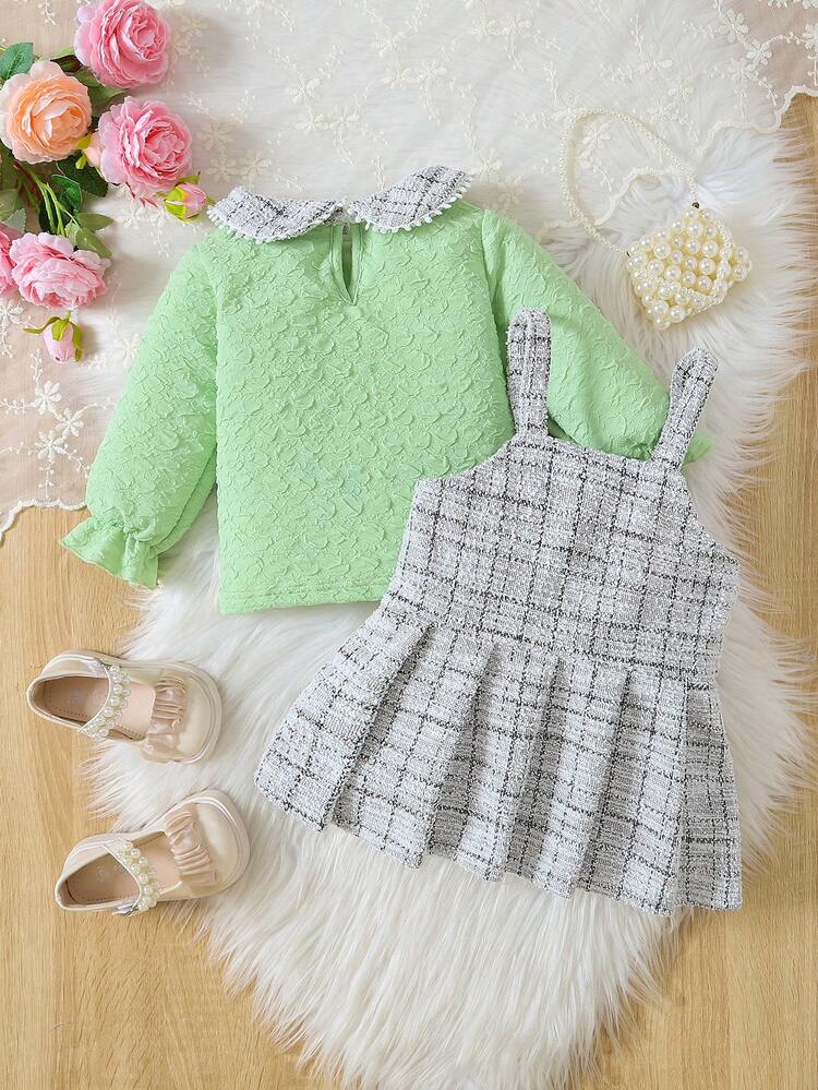 Baby Girls' Peter Pan Collar Top & Plaid Dress 2pcs Set For Autumn/Winter