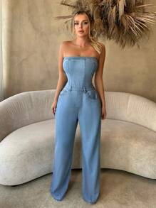 SHEIN SXY 女式無肩帶牛仔工人褲連身褲 - 中等水洗藍 - 查看 1