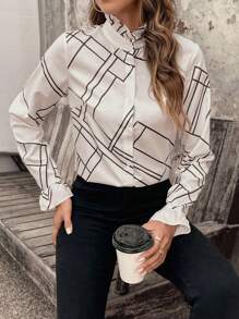 SHEIN LUNE In Địa lý Lá sen tỉa tay áo lá sen Áo sơ mi - Đen và trắng - Xem 6