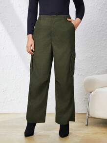 SHEIN Essnce Plus Size Side Pocket Cargo Pants - Dark Green - View 3
