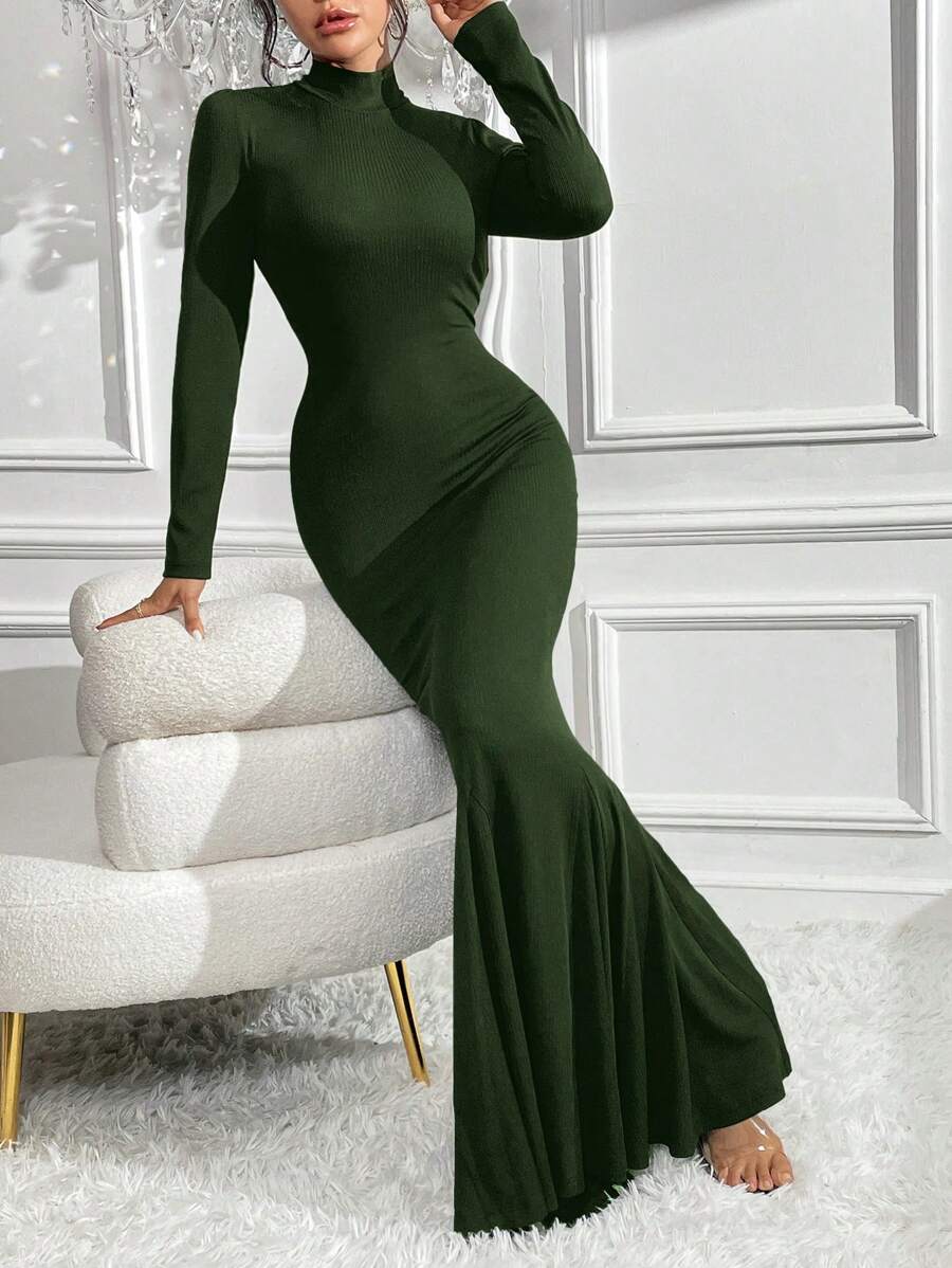 SHEIN Privé 高領緊身荷葉邊魚尾裙,優雅風格 - 軍綠色 - 查看 1