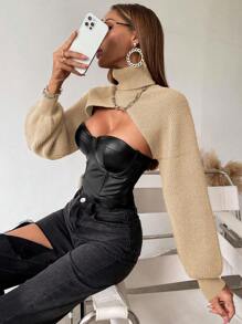 VaVaBold 女式高領短版毛衣套頭衫 - 杏色 - 查看 1