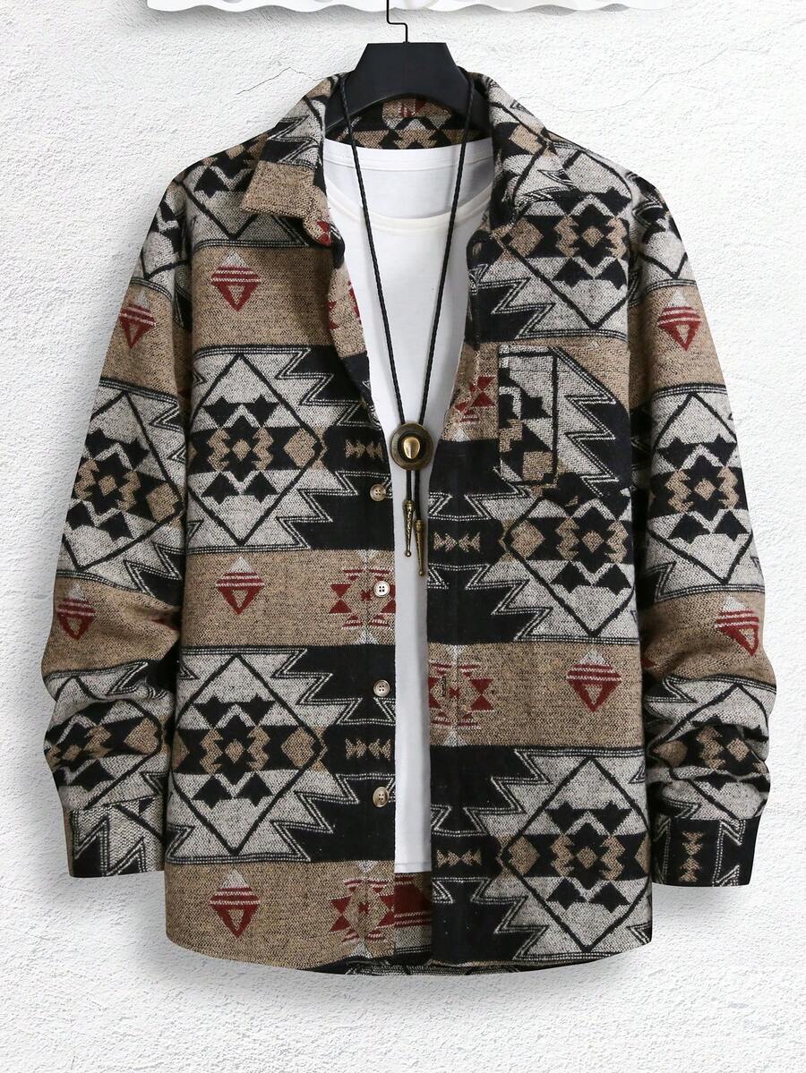 Manfinity Homme Casual Loose Fit Men's Geo Printed Overcoat (T-Shirt Not Included) - Grey - View 1