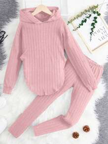 Cô gái Tween Chất rắn áo có mũ Áo thun và Leggings - Hồng - Xem 1