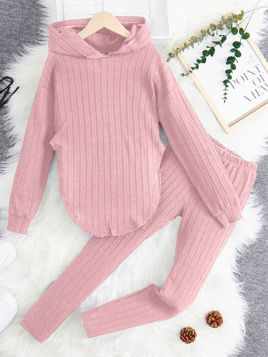 Cô gái Tween Chất rắn áo có mũ Áo thun và Leggings - Hồng - Xem 1
