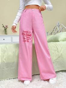 SHEIN EZwear Slogan Graphic Wide Leg Pants