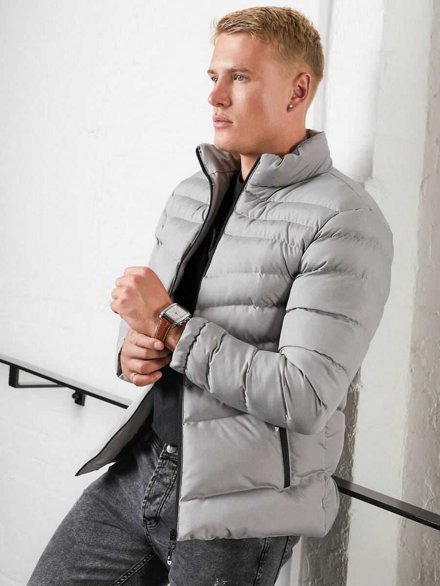 SHEIN Cottnline Men's Zipper Collar Padded Jacket With Slant Pockets - Light Grey - View 1