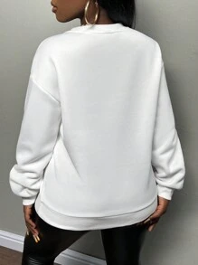 Slaydiva 休闲印花图案圆领宽松女式长袖运动衫 - 白色 - 查看 2