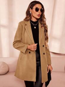 SHEIN Clasi 秋冬女士双排扣羊毛大衣 - 卡其色 - 查看 4