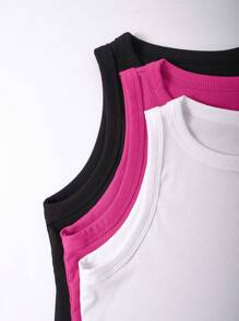 SHEIN Unity 3 Piezas De Camisetas Sin Mangas Con Espalda De Nadador En Color Sólido Para Mujer - Rosa Fucsia - Ver 3