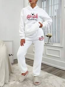 SHEIN Cottnline Slogan Embroidery Drop Shoulder Teddy Fleece Hoodie And Pants Set - White - View 3