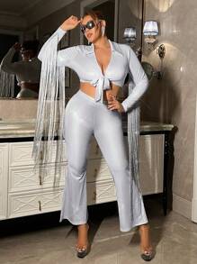 SHEIN ICON 大碼高腰喇叭褲 - 銀色 - 查看 3